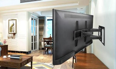 A television mounted on a full-motion arm in a living room